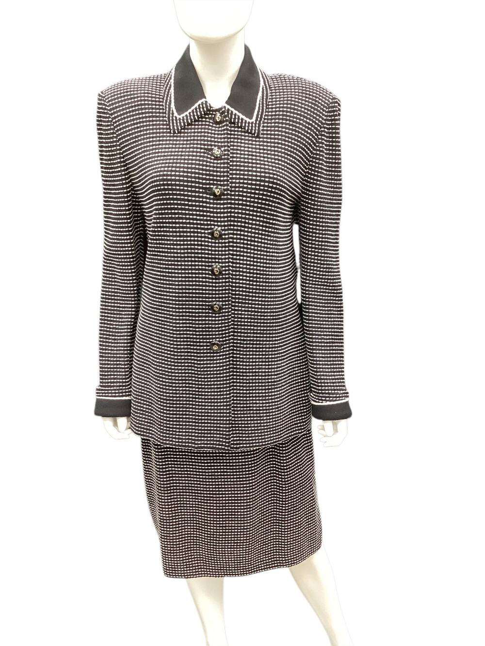 St.John Collection Women’s 2-Piece Set Size 10 Blazer + Skirt Ornate Buttons B&W